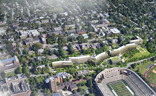 Aerial rendering of the Environmental Studies and School of Engineering and Applied Science complex