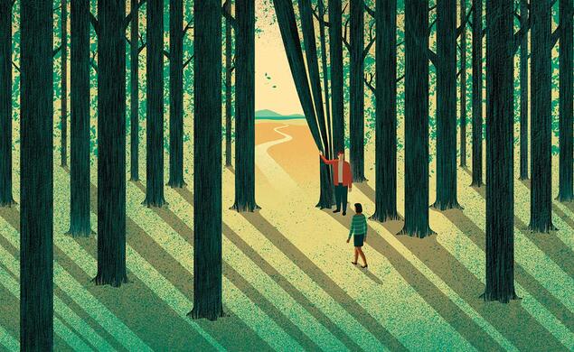 This is an illustration of an alum pulling back the trees in a forest like they're a curtain, to show a student a path through sunlight on the other side.
