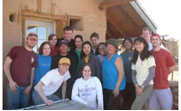 Students who took part in the Breakout trip to Big Mountain, Arizona, a community on the Navajo Nation Native American reservation, stand in front of a home and straw bale that they worked on as part of their sustainable building project. From left are T