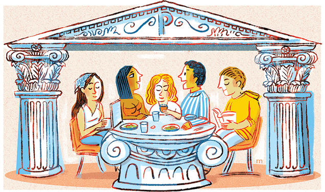 Illustration of five students in a Greek restaurant; two are talking, one is on a laptop, one is reading a book, and one is drinking steaming hot coffee.