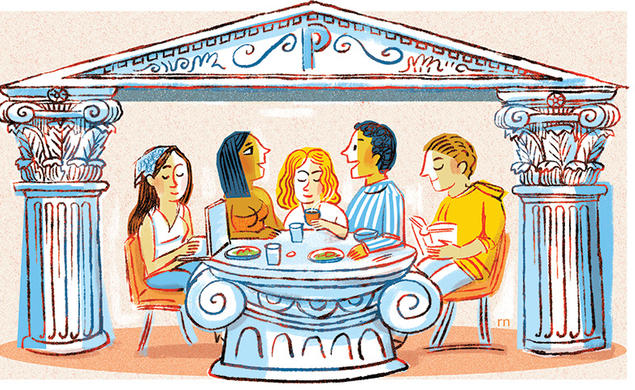 Illustration of five students in a Greek restaurant; two are talking, one is on a laptop, one is reading a book, and one is drinking steaming hot coffee.