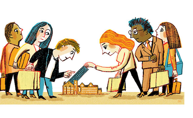 Illustration of students standing around tiny housing