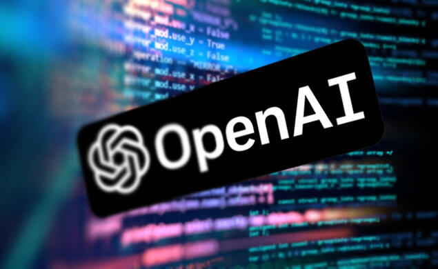 This illustration has the text "Open AI" in front of a background like computer code. 