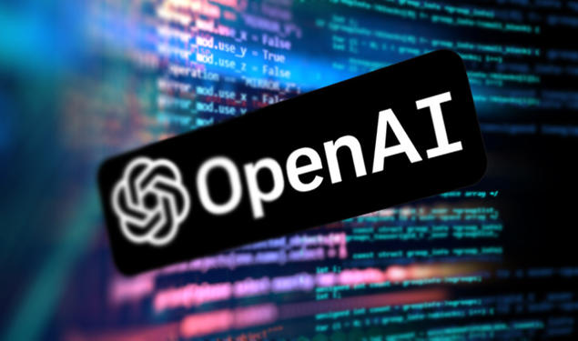 This illustration has the text "Open AI" in front of a background like computer code. 