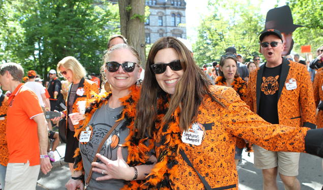 Brandice Canes-Wrane ’93, left, and Stephanie Schueppert ’93 at the 2023 P-rade. 