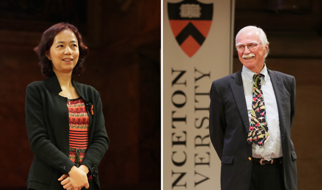 Two photos of award winners standing on stage - left, Fei-Fei Li and right, John Fitzpatrick