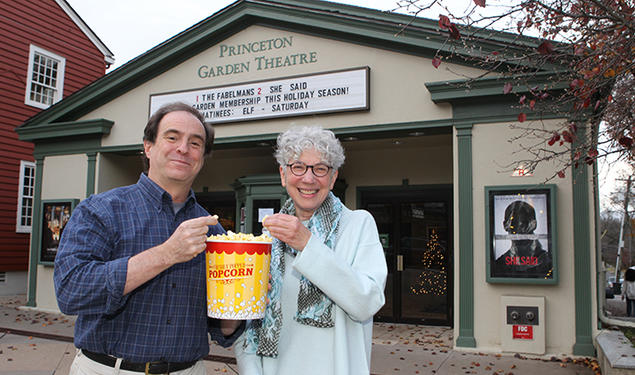 Mark Bernstein ’83, Dean Jill Dolan, and a bucket of popcorn outside the Princeton Garden Theatre.