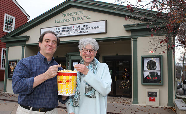 Mark Bernstein ’83, Dean Jill Dolan, and a bucket of popcorn outside the Princeton Garden Theatre.