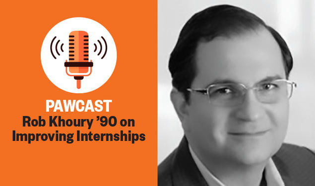 The right side of this image is a black-and-white headshot photo of Rob Khoury; the left side is a microphone graphic with text reading: "PAWCAST: Rob Khoury ’90 on Improving Internships."