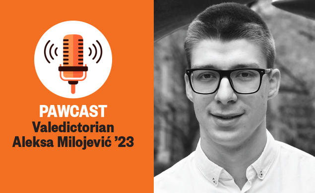 Right, a black-and-white photo of Aleksa Milojević;  left, text reading "PAW