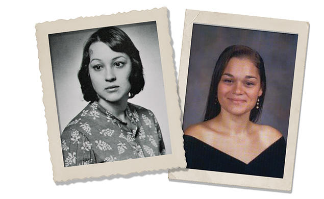 Joy McIntyre ’74, left, and her daughter, Victoria Tobolsky ’12, in their Nassau Herald senior photos.