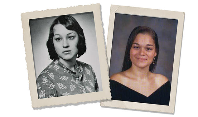 Joy McIntyre ’74, left, and her daughter, Victoria Tobolsky ’12, in their Nassau Herald senior photos.