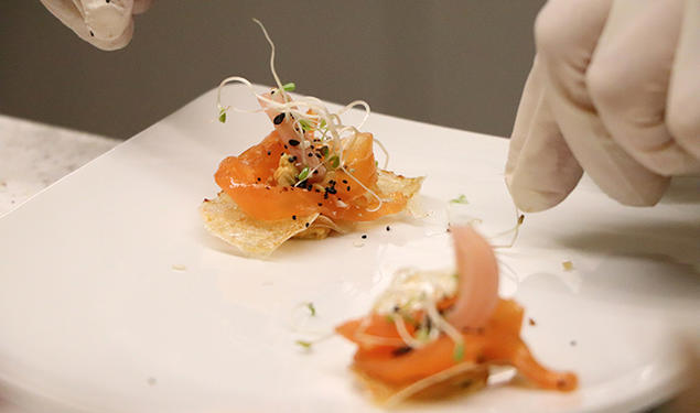 This is a close-up photo of cured salmon atop “invisible” chips.