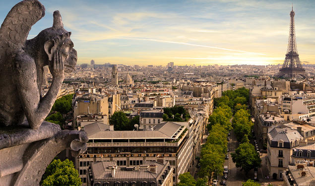 Paris with a gargoyle in the background and a gargoyle in the foreground.