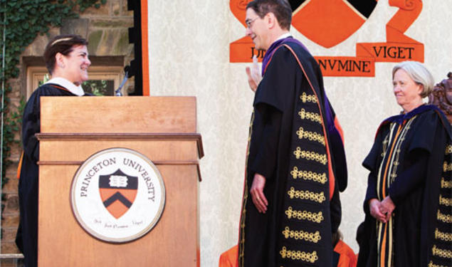 Publicly taking the presidential oath of office administered by Board of Trustees Chair Kathryn Hall (left), as President Emerita Shirley M. Tilghman looks on.