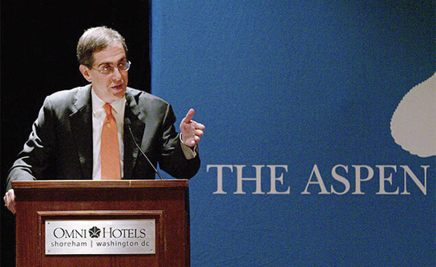 President Eisgruber delivering a talk at a reunion of the Aspen Institute’s Rodel Fellows.