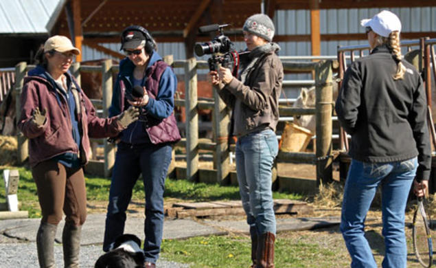 Josephine Decker ’03, second from right, films a video for a farm in Washington state.