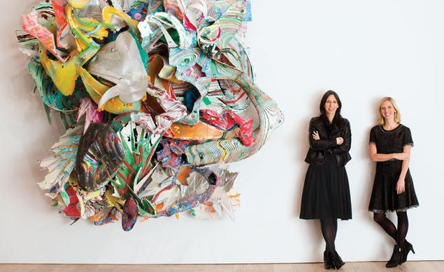 Megan Heuer *08, left, and Emily Arensman ’06 create events that bring visitors to the Whitney Museum, which is exhibiting the work of Frank Stella ’58, including, shown at left, his mixed media work “At Sainte Luce!”