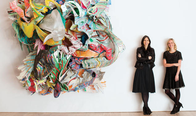 Megan Heuer *08, left, and Emily Arensman ’06 create events that bring visitors to the Whitney Museum, which is exhibiting the work of Frank Stella ’58, including, shown at left, his mixed media work “At Sainte Luce!”