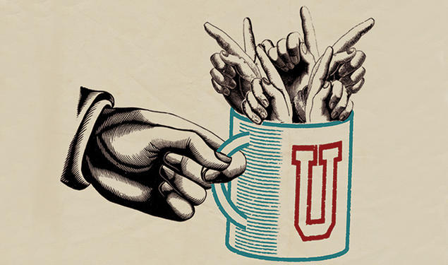 Illustration of a hand holding a coffee mug with the letter "U" on it, filled with six hands all pointing up their index fingers.