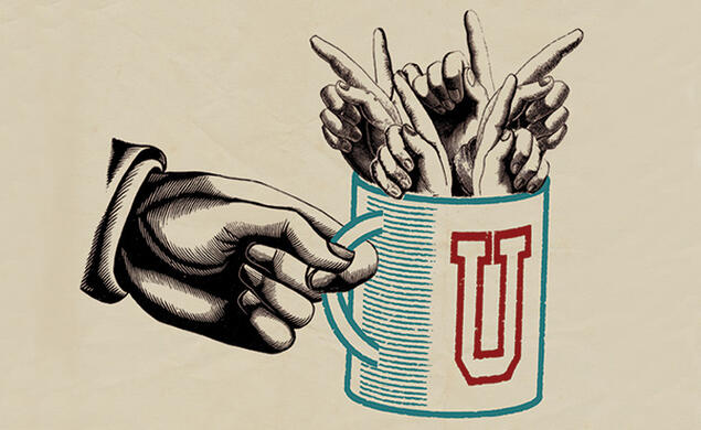 PrincetonPrinciples.jpg Illustration of a hand holding a coffee mug with the letter "U" on it, filled with six hands all pointing up their index fingers.