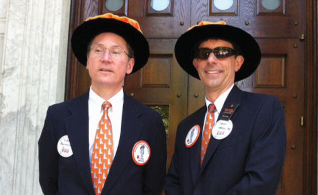 Marshals Dan Abramowicz *84, left, and Dan Lopresti *87 model marshal attire before the P-rade.