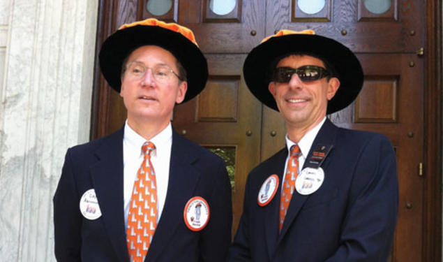 Marshals Dan Abramowicz *84, left, and Dan Lopresti *87 model marshal attire before the P-rade.