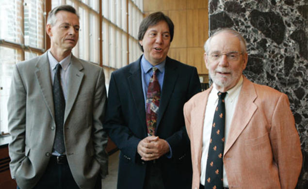 The Class of 1953 hosted a 60th-reunion tribute to one of its own, journalist and Princeton professor John McPhee. Two of McPhee’s former students, journalists Robert Wright ’79, left, and Joel Achenbach ’82, ­interviewed their teacher and mentor.