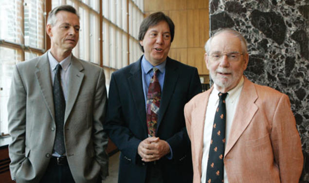 The Class of 1953 hosted a 60th-reunion tribute to one of its own, journalist and Princeton professor John McPhee. Two of McPhee’s former students, journalists Robert Wright ’79, left, and Joel Achenbach ’82, ­interviewed their teacher and mentor.