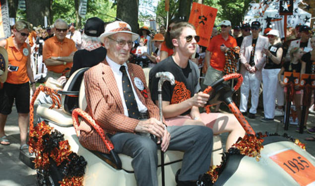 Hugh Sweeny Jr. ’35, 98 years old, received the silver-tipped Class of 1923 cane as the oldest returning alum from the earliest class represented. Malcolm Warnock ’25, awarded the cane for the eighth time at his 87th reunion last year, died in October