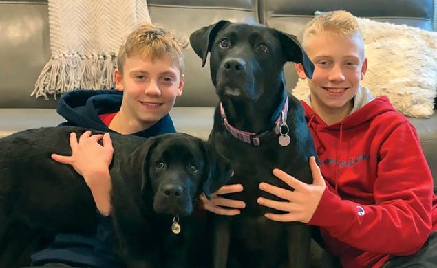 Professor Joshua Akey’s sons, Matthew, left, and Nicholas, right, with their dogs, Zoey, left, and Abby, right.