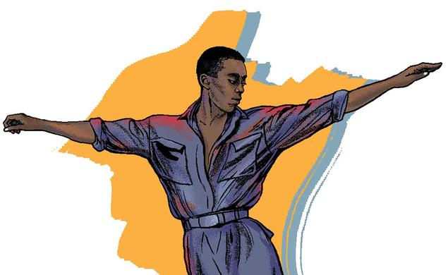 This is an illustration of Dean Moss dancing, arms out, in the air with his ankles crossed. The background is yellow and blue.