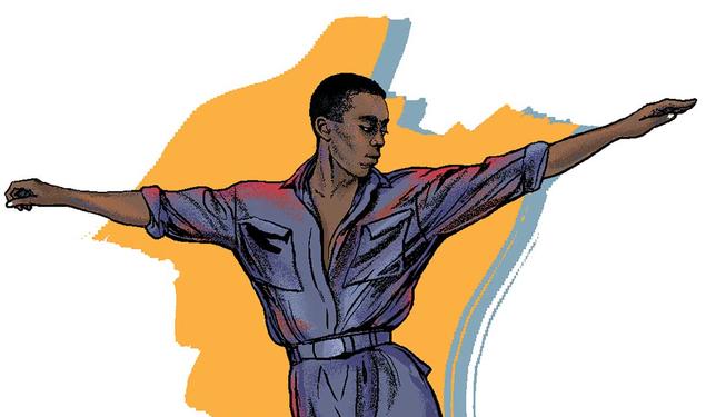 This is an illustration of Dean Moss dancing, arms out, in the air with his ankles crossed. The background is yellow and blue.