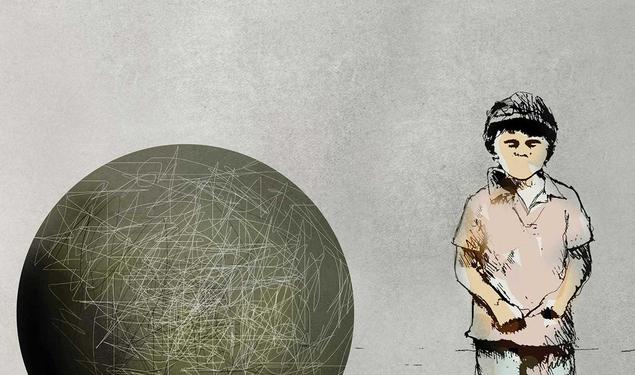 Illustration depicting child with large ball and chain
