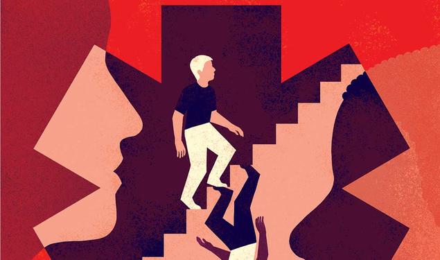 This is an illustration in red, pink and purple, with a white figure and a parallel Black figure climbing stairs in opposite directions.