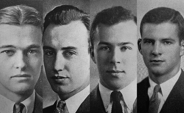 From left are black-and-white Nassau Herald photos of George F. Kennan 1925, Adlai Stevenson 1922, George Shultz ’42, and James A. Baker ’52.