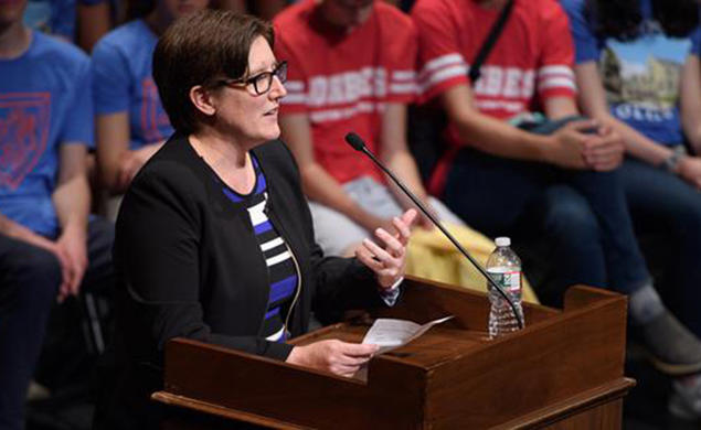 Jennifer Rexford ’91, the Gordon Y. S. Wu Professor in Engineering, speaks at the 2019 pre-read assembly for James Williams’ book, “Stand Out of Our Light: Freedom and Resistance in the Attention Economy.” 