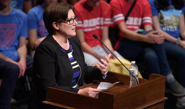 Jennifer Rexford ’91, the Gordon Y. S. Wu Professor in Engineering, speaks at the 2019 pre-read assembly for James Williams’ book, “Stand Out of Our Light: Freedom and Resistance in the Attention Economy.” 