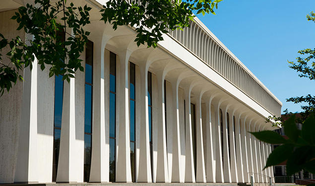 Robertson Hall, home of the Princeton School of Public and International Affairs, has a modern facade with columns.