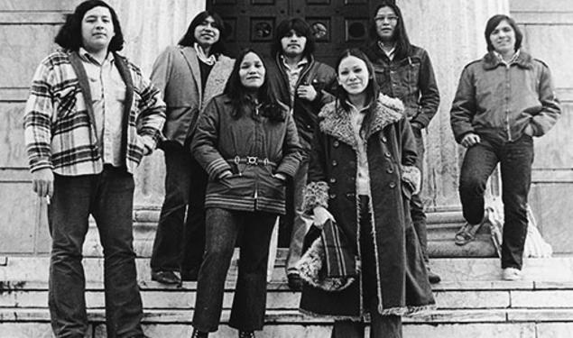 The 1970s were a “golden age” of American Indian life on campus, says retired curator Alfred Bush. From left, in 1973: Louis Ballard ’76 (Osage-Quapaw-Delaware), Conroy Chino *73 (Acoma Pueblo), Lorene Reano ’75 (Santa Domingo Pueblo), Regis Pecos