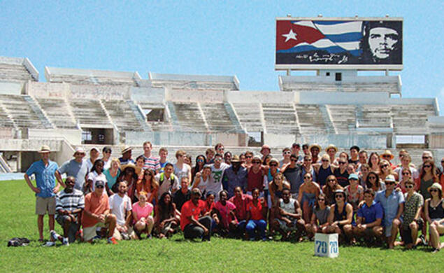 The Princeton teams pose for a group photo at Estadio Panamericano in Havana, site of the 1991 Pan American Games.