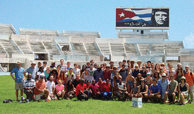 The Princeton teams pose for a group photo at Estadio Panamericano in Havana, site of the 1991 Pan American Games.