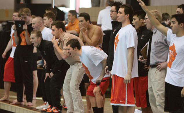 Princeton swimmers and divers cheer on their teammates at the HYP meet Feb. 3. The Tigers lost to Harvard, but will have another chance to top the Crimson at the Ivy Championships.