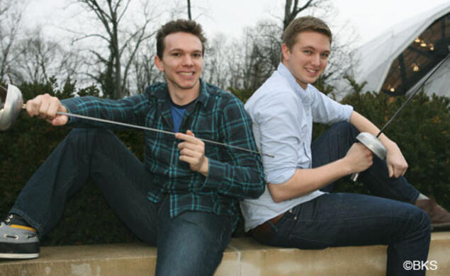 Fencers Jonathan Yergler ’13, left, and Edward Kelley ’13 are friendly competitors who push each other to improve.