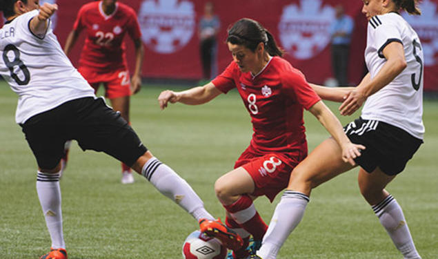 Diana Matheson ’08, center, was named to Canada’s World Cup roster in April.