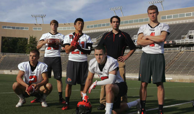 From left, Bob Dougherty ’15, Chad Cowden ’17, Kevin Ma ’14, John Wolfe ’14 (kneeling), student coach Ben Foulon ’14, and Chris McCord ’15