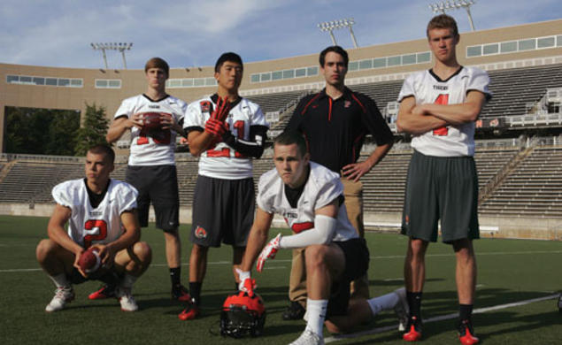From left, Bob Dougherty ’15, Chad Cowden ’17, Kevin Ma ’14, John Wolfe ’14 (kneeling), student coach Ben Foulon ’14, and Chris McCord ’15