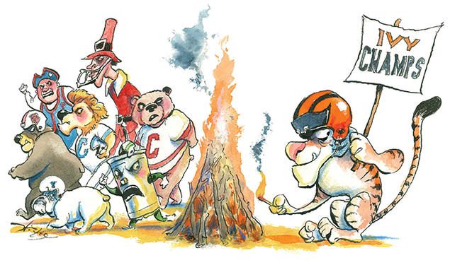 Mascots at a bonfire