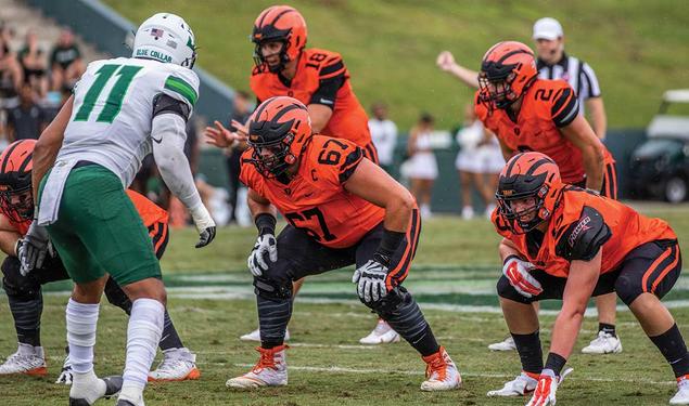 Henry Byrd ’23 (67) lines up before a play against Stetson.