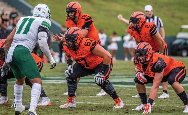 Henry Byrd ’23 (67) lines up before a play against Stetson.